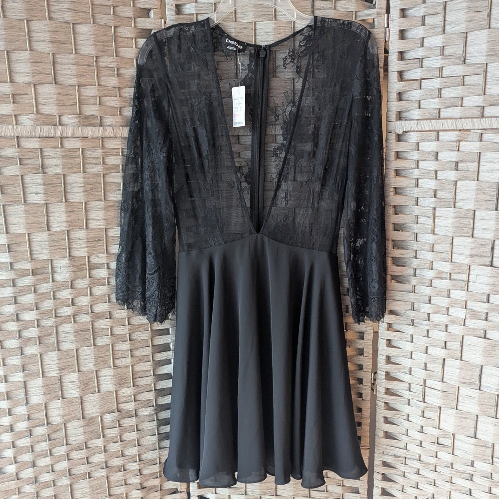Bebe Mini Dress Black Lace Plunging Sheer V-Neck Bell Sleeve Sz 6 Whimsigoth